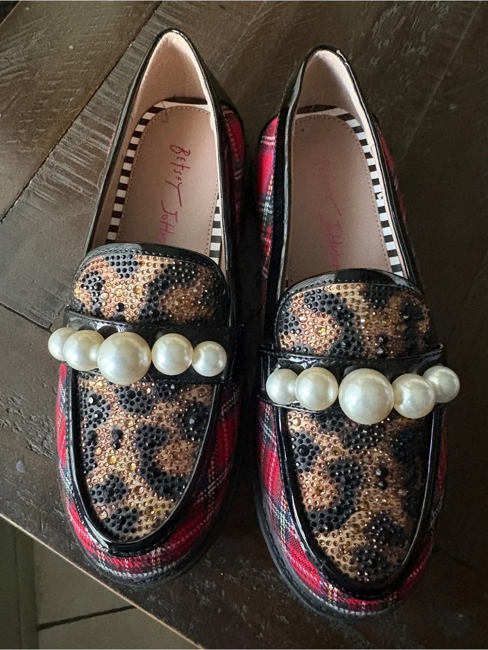 Betsey Johnson Leopard Sequin & Red Plaid Pearl-Trim Loafers